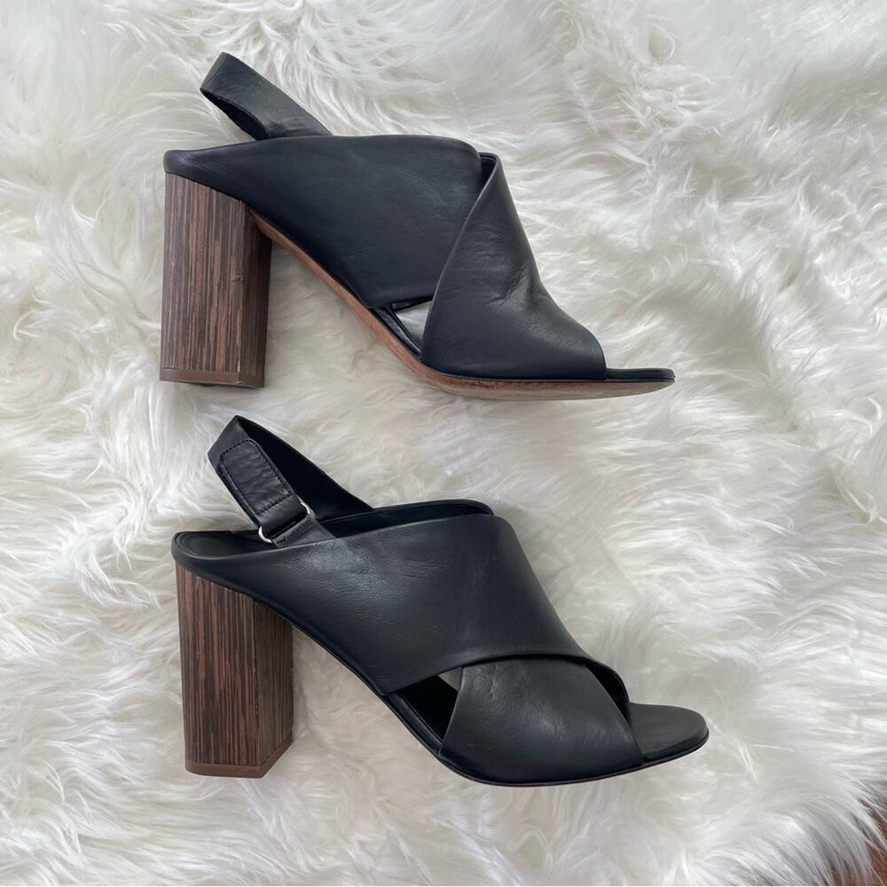 Vince | Women’s Black Faine Open Toe Leather Slingback Faux Wood Heel Crisscross - Picture 2 of 9